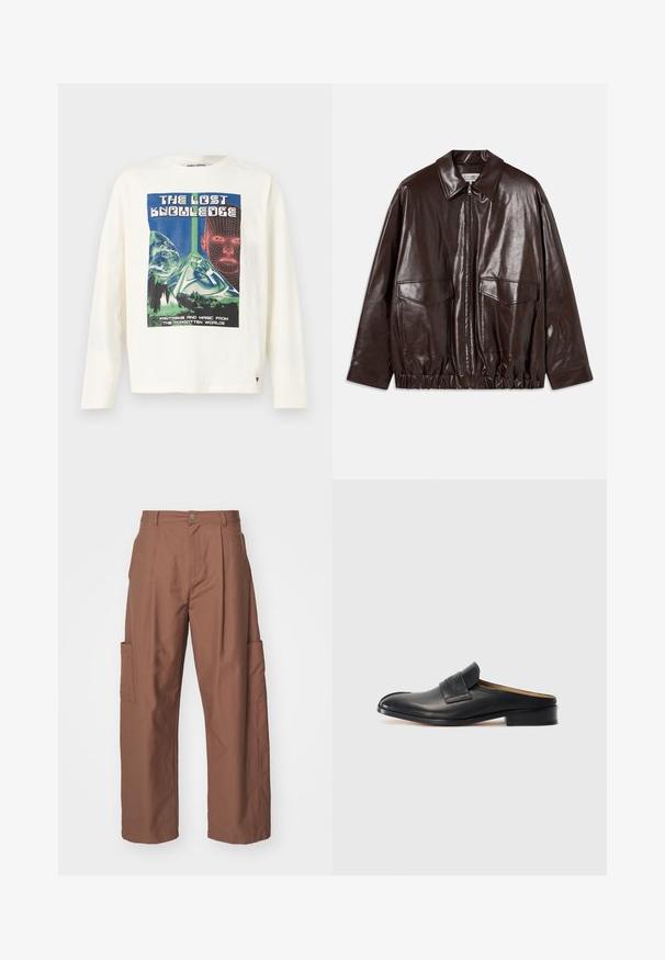 Jachetă din piele maro, cu fermoar frontal, buzunare mari pe piept și talie elasticizată. Dispune de un guler ascuțit și o textură netedă.; Tricou crem cu mânecă lungă, având un imprimeu grafic colorat intitulat "Cunoașterea Pierdută", care ilustrează o piramidă și elemente de față digitale.; Han Kjøbenhavn TROUSERS - Pantaloni - brown; Pantof cu talpă interioară din piele neagră, cu vârful rotunjit, toc mic blocat și o curea frontală. Textură netedă cu un detaliu subtil al logo-ului pe curea.