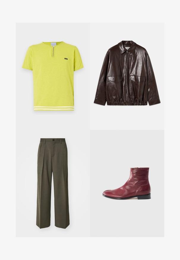 Brown leather jacket with a zip front, large chest pockets, and elasticized waistband. Features a pointed collar and smooth texture.; Lime green t-shirt made of soft fabric featuring a zippered neckline, short sleeves, and white striped accents at the hem.; Filippa K WIDE TROUSERS - Trousers - driftwood; Burgundy leather ankle boot with a smooth texture, side zipper, rounded toe, and low black heel, featuring subtle creases and minimal stitching.