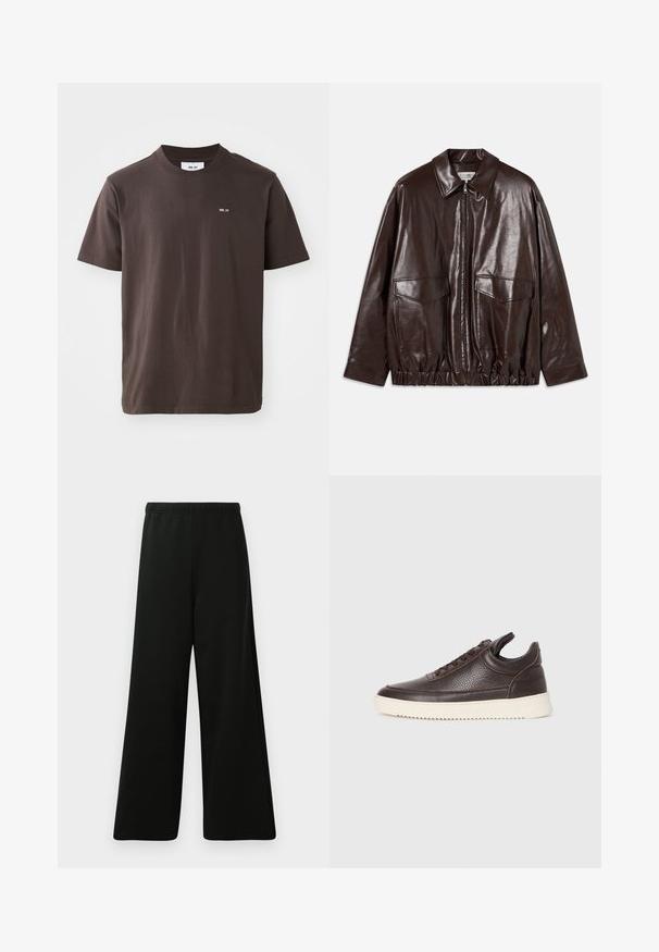 Braune Lederjacke mit Reißverschluss auf der Vorderseite, großen Brusttaschen und elastischem Bund. Verfügt über einen spitzen Kragen und eine glatte Textur.; Braunes Baumwoll-T-Shirt mit einem gerippten Rundhalsausschnitt. Verfügt über ein kleines weißes Logo auf der linken Brust. Kurze Ärmel und ein gerader Saum.; Schwarze weite Hosen aus weichem Stoff. Mit einem elastischen Bund, glatter Textur und einem schlichten, modernen Design ohne Muster.; Dunkelbraune, strukturiert Leder-Sneaker mit Schnürung und weißer, gerippter Gummisohle vor einem schlichten, hellen Hintergrund.