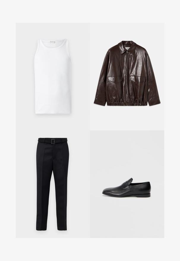 Brun læderjakke med lynlås foran, store brystlommer og elastisk talje. Har en spids krave og glat tekstur.; Hvid tanktop, lavet af ribbet bomuldsstof, med en rund halsudskæring og ærmeløs design, glat tekstur og ingen synlige mønstre.; Sorte skræddersyede bukser har et glat stof, lige snit og en bæltestrop med en rektangulær spænde. Bemærkelsesværdige forreste folder fremhæver designet.; Sorte læder slip-on sko med spids tå, glat overflade og diskret branding på siden. Lav hæl med et rent, minimalistisk design.