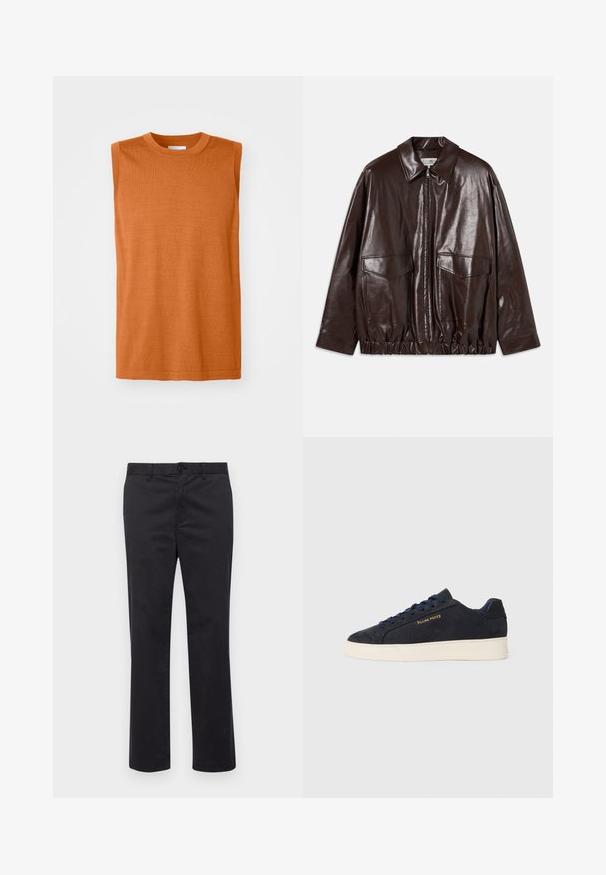 Braune Lederjacke mit Reißverschluss auf der Vorderseite, großen Brusttaschen und elastischem Bund. Verfügt über einen spitzen Kragen und eine glatte Textur.; Ärmelloses oranges Stricktop mit Rundhalsausschnitt, glatter Textur und geradem Schnitt, mit einem sauberen Saum und minimalem Design.; Schwarze Baumwollhose mit geradem Bein, ausgestattet mit einem Knopfverschluss und Gürtelschlaufen. Glatte Textur, keine sichtbaren Muster oder Akzente.; Marineblaue Wildleder Low-Top Sneaker mit weißer Sohle, marineblauen Schnürsenkeln und goldenem "Filling Pieces" Logo an der Seite.