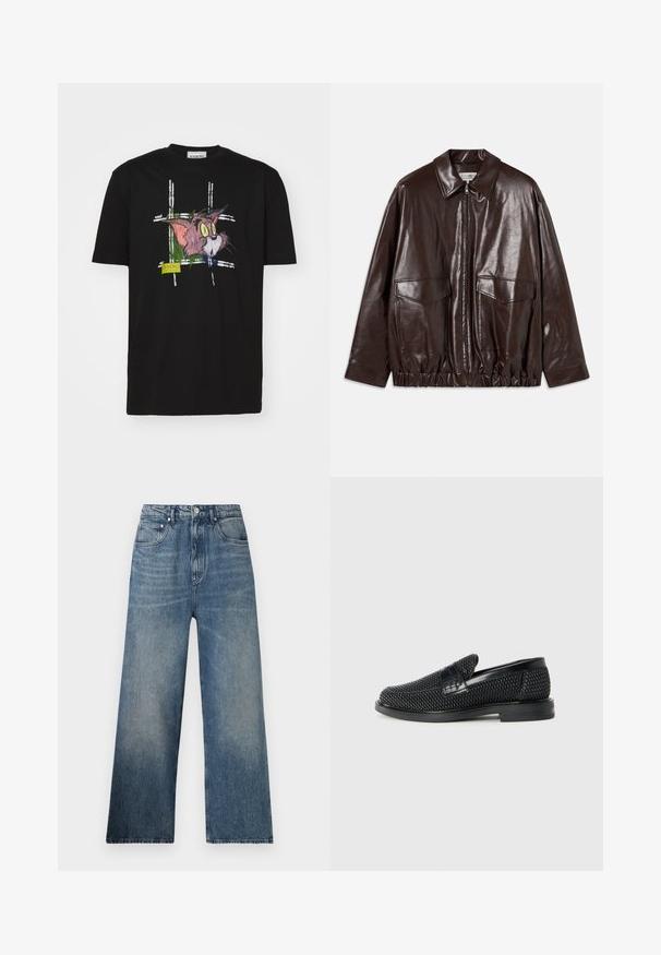 Brun læderjakke med lynlås foran, store brystlommer og elastisk talje. Har en spids krave og glat tekstur.; Sort bomulds t-shirt med et farverigt grafisk design af en tegneseriekat med gule øjne og detaljeret pels samt et mærke nederst.; Blå denim bredbenede jeans med høj talje, subtilt slid, fem lommer og metalknaplukning foran.; Sort vævet slip-on sko med en glat læderdetalje på overdelen, en rund tådesign og en lavprofil gummisål.