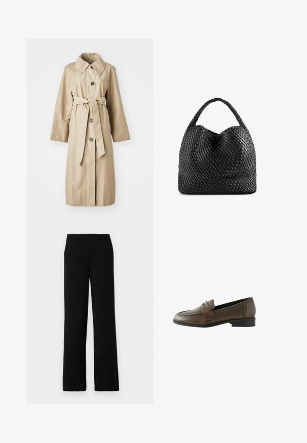 Beżowy płaszcz trenchowy z gładkiego materiału, z szerokim kołnierzem, czterema brązowymi guzikami, paskiem w talii oraz długimi, luźnymi rękawami.; Czarna bawełniana koszulka z krótkim rękawem, okrągłym dekoltem i rozcięciami po bokach u dołu. Prosty design, bez widocznych wzorów czy zdobień.; Czarne spodnie o szerokich nogawkach, wykonane z gładkiego materiału, z płaskim przodem, dwoma bocznymi kieszeniami i dopasowaną talią dla eleganckiego wyglądu.; Brązowe skórzane mokasyny z okrągłym czubkiem, detalem w postaci paska z przodu, wsuwanym designem i niskim czarnym obcasem, charakteryzujące się gładką teksturą.; Czarna pleciona skórzana torebka o zaokrąglonym, pojemnym kształcie i pojedynczym plecionym uchwycie. Teksturowana powierzchnia z charakterystycznym wzorem.