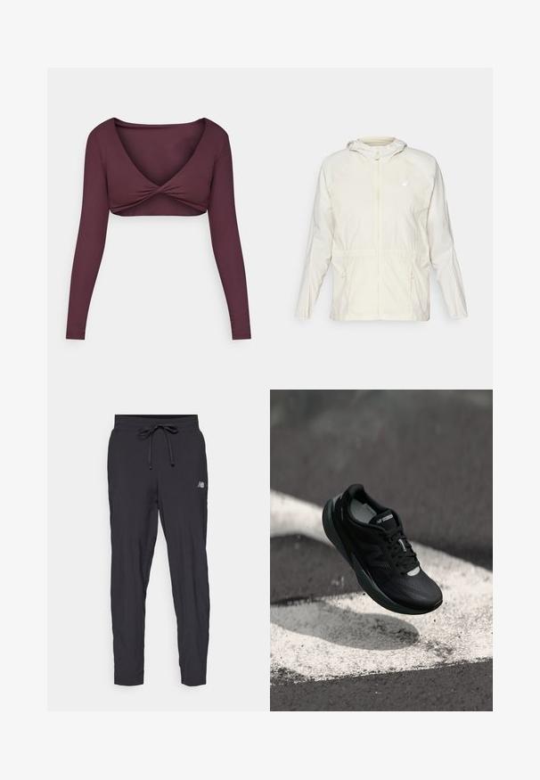 Lehká krémová bunda s předním zipem, nastavitelnou šňůrkou v pase a dlouhými rukávy s kapucí.; Dlouhý rukáv, hluboce burgundy cropped top vyrobený z hladké tkaniny, se zkrouceným designem vpředu a širokým V-výstřihem.; Černé sportovní kalhoty vyrobené z lehkého materiálu s elastickým pasem a nastavitelným stahováním. Na boku se nachází malé logo.; Černá běžecká bota s texturovaným svrškem, elegantním designem a reflexními akcenty. Nabízí měkkou, polstrovanou podrážku pro pohodlí.