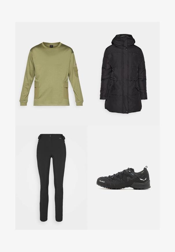Svart puffjacka med huva, med ett quiltat mönster, två framfickor och dragsnören i midjan för en anpassningsbar passform.; Långärmad olivgrön skjorta gjord av texturerat tyg, med sidofickor och ribbade muddar. Enkel design med rundad hals.; Svarta, åtsittande byxor tillverkade av ett flexibelt material. Funktioner inkluderar en ficka med dragkedja på sidan, artikulerade knän och en jämn yta.; Svarta vandringsskor med ett texturerat tygöverdrag, snörningssystem och slitstark gummisula. Prydda med reflekterande detaljer och logotyper.
