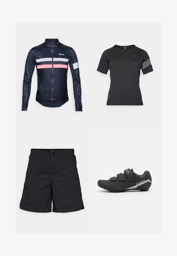 Marine fietsjack met een volledige rits, lichtgewicht materiaal, reflecterende grijze en roze strepen, en mesh accenten op de mouwen en de rug.; Zwart sportshirt met korte mouwen, gemaakt van vochtafvoerende stof, met een gestructureerde grijze accent op de schouder en een subtiele merklocatie.; Zwarte shorts gemaakt van lichtgewicht stof, met een knoopsluiting en twee zijzakken. Eenvoudig ontwerp met strakke lijnen en minimale details.; Giro STYLUS - Fietsschoenen - black