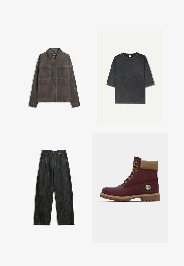 Szürke, mellzsebes zakó, strukturált gallérral és gombokkal. Texturált anyagból készült, laza szabású és hosszú ujjú.; Túlméretes, rövid ujjú póló sötétszürke színben, pamutból készült. Kerek nyakkivágással és látható varrásokkal a szélein.; Sötét farmernadrág laza szabással, finom függőleges textúrával, sárga varrással, öt zsebbel és klasszikus gombos záródással.; Burgundi színű bokacsizma barna akcentusokkal, párnázott gallérral és mintázott gumitalppal. Oldalán logó felvarró.