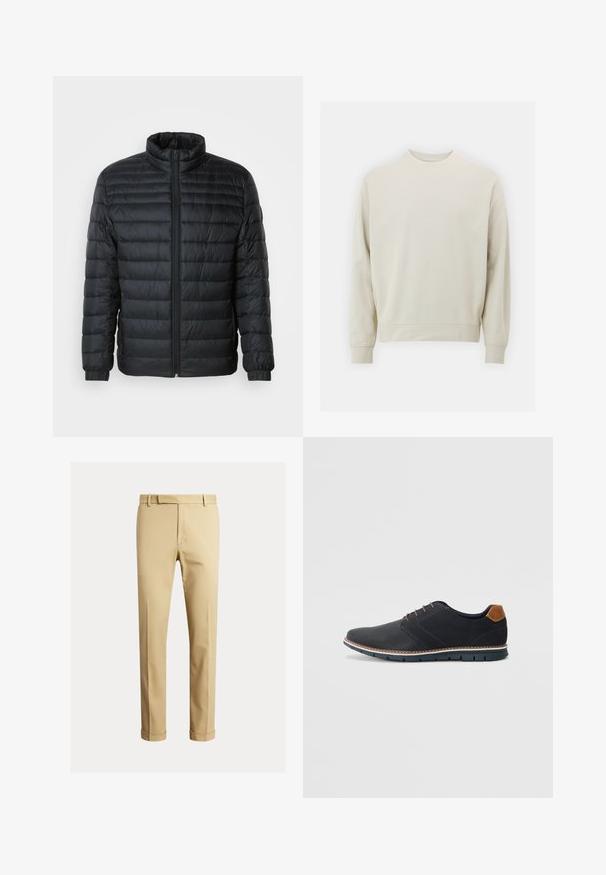 Casaco acolchoado preto com colarinho alto, fecho frontal completo e punhos elásticos nas mangas longas, em fundo liso.; Sweatshirt bege claro feito de um tecido suave, com decote redondo, mangas compridas e punhos e barra canelados. Design minimalista, sem padrões visíveis.; Chinos caqui feitos de um tecido de algodão suave, com um design ajustado, pregas frontais e punhos no tornozelo para um visual afinado.; Sapatos sintéticos pretos com um upper texturizado, pormenores lisos, salto castanho e uma sola contrastante. Apresentam um sistema de atacadores mínimo e detalhes de costura.