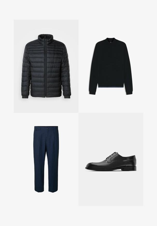 Chaqueta puffer acolchada negra con collar alto, cremallera frontal completa y puños elásticos en las mangas largas sobre un fondo liso.; Sudadera negra con cuello alto, mangas raglán y un dobladillo acanalado con detalles en azul. Textura suave, diseño minimalista.; Pantalones de lino azul marino con corte recto, que cuentan con dos bolsillos delanteros, dos bolsillos traseros y un cierre de botón único en la cintura.; Zapato de vestir de cuero negro con punta redondeada, textura suave, costuras mínimas y suela plana con un sutil logo en el tacón.