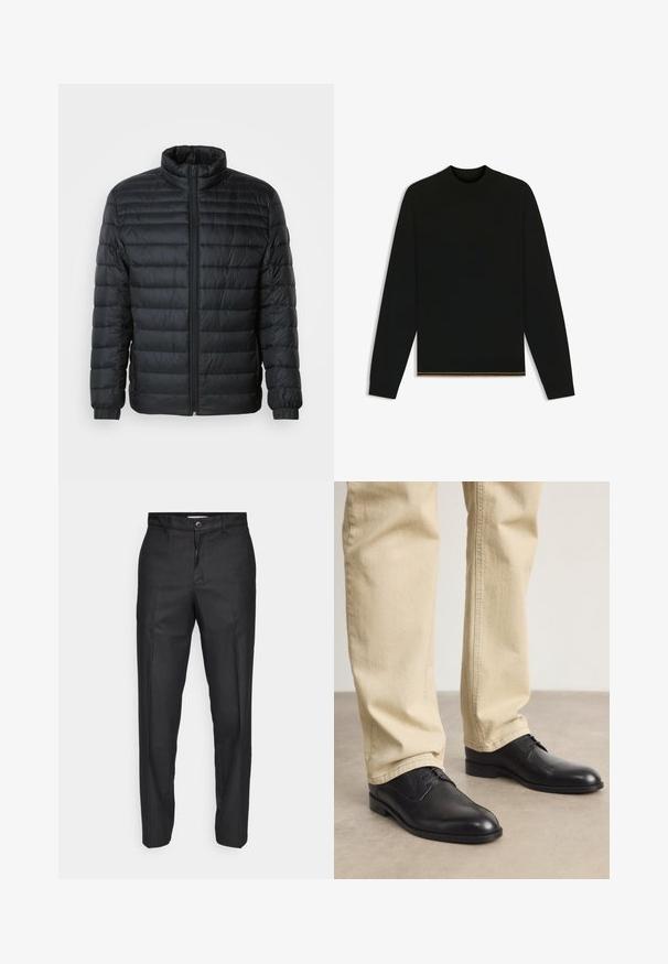 Czarna pikowana kurtka puchowa z kołnierzem typu stójka, pełnym zamkiem błyskawicznym z przodu oraz elastycznymi mankietami na długich rękawach na jednolitym tle.; Czarny sweter z dzianiny z długimi rękawami i wysokim kołnierzem. Ma złoty akcent na dolnym brzegu. Gładka tekstura i dopasowany krój.; Czarne spodnie z gładkiego materiału, z zapinaniem na guzik z przodu, prostymi nogawkami i bez widocznych kieszeni czy wzorów.; Czarne skórzane buty na sznurówki z zaokrąglonym czubkiem, gładkim wykończeniem i subtelnymi detalami szycia, noszone z jasnobeżowymi spodniami.