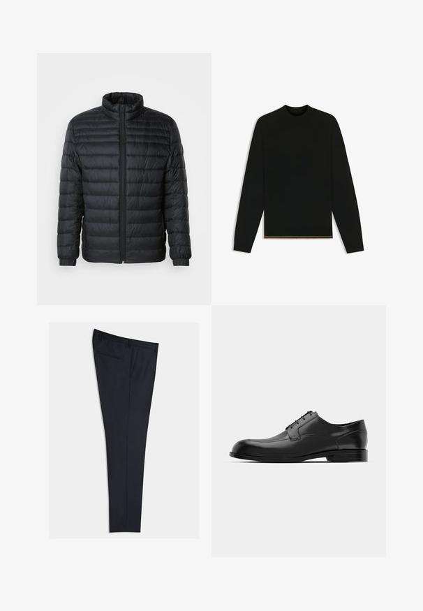 Czarna pikowana kurtka puchowa z kołnierzem typu stójka, pełnym zamkiem błyskawicznym z przodu oraz elastycznymi mankietami na długich rękawach na jednolitym tle.; Czarny sweter z dzianiny z długimi rękawami i wysokim kołnierzem. Ma złoty akcent na dolnym brzegu. Gładka tekstura i dopasowany krój.; Marynarskie spodnie o dopasowanym kroju, wykonane z gładkiego materiału, z płaskim przodem, bocznymi kieszeniami i jedną kieszenią z tyłu. Prosty krój nogawki.; Czarne skórzane eleganckie buty z zaokrąglonym noskiem, gładką teksturą, minimalnymi szwami i płaską podeszwą z subtelnym logo na pięcie.