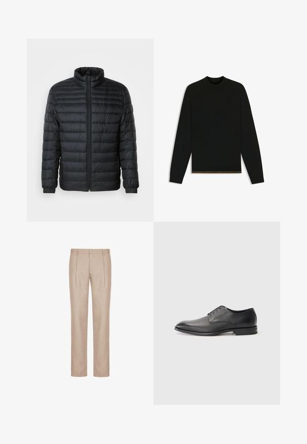 Sort quilted pufferjakke med høj krave, hel frontlynlås og elastiske manchetter på lange ærmer mod en ensfarvet baggrund.; Sort strikket sweater med lange ærmer og høj hals. Har en guldfarvet detalje i kanten. Glat tekstur og tætsiddende design.; Beige linnedbukser med flad front, dobbelte læg og enkelt knaplukning. Design med lige ben og skræddersyet pasform. Ingen synlige lommer.; Sort læder herresko med snørebånd, lav hæl og glat, let struktureret overflade på hvid baggrund.