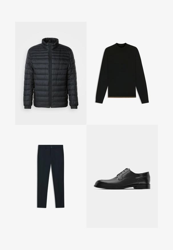 Black quilted puffer jacket with a stand-up collar, full front zipper, and elastic cuffs on long sleeves against a plain background.; Black knit sweater with long sleeves and a high neck. Features a gold accent at the hem. Smooth texture and fitted design.; Navy blue, tailored trousers made of smooth fabric; features front pockets, belt loops, and a button closure. Straight-leg design.; Black leather dress shoe featuring a rounded toe, smooth texture, minimal seams, and a flat sole with subtle branding on the heel.