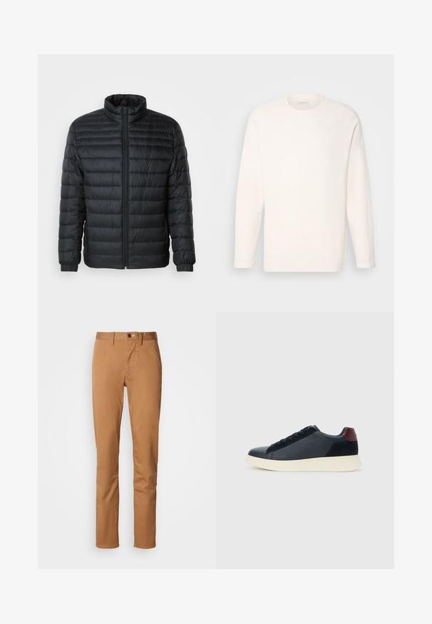 Chaqueta puffer acolchada negra con collar alto, cremallera frontal completa y puños elásticos en las mangas largas sobre un fondo liso.; Camiseta de manga larga con cuello redondo en tejido color blanco roto con una textura suave. Detalle sutil del logo en el pecho, dobladillo recto y puños suaves.; Pantalones khaki slim-fit con cierre de botón y cremallera, trabillas para cinturón y bolsillos laterales sobre un fondo blanco.; Zapatilla baja para hombre en cuero negro y ante con un parche en el talón color burdeos y suela de goma blanca, vista desde el lado externo.