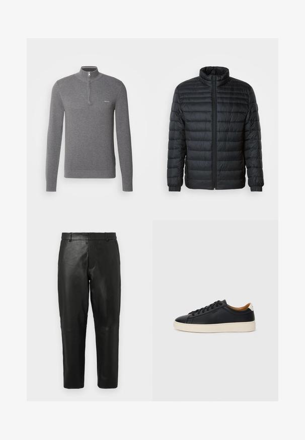 Mustan tilkkupuffertakin, jossa on pystykaulus, koko edessä oleva vetoketju ja elastiset hihansuut pitkissä hihoissa, tasaisella taustalla.; Harmaa pitkähihainen neulepulloveri, jossa on puolivetoketjukaulus, teksturoitu neulepinta ja pieni logo vasemman rinnan kohdalla.; Mustat nahkasuorat lahkeet, joissa on vyölenkit ja sivutaskut, esitettynä yksinkertaisen vaalean taustan edessä.; Mustat nahkasneakerit, joissa on sileä pinta, beige kumipohja, nauhakiinnitys ja erottuva kanta-aksentti.