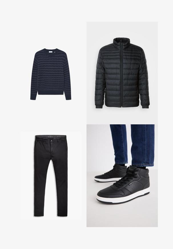 Musternahk puffer jakk mustas, kõrgendatud krae, täispikk tõmblukk ja elastsed mansetid pikkadel varrukatel, lihtsa tausta taustal.; Tumed sinine kootud sviiter, millel on tekstureeritud muster vahelduvate horisontaalsete triipudega. Ribiga krae ja mansetid, valmistatud pehmest kangast.; Mustad puuvillased chinos, mis on kitseneva lõikega, viie taskuga, vöökohaga ja siledast tekstuurist. Zipperiga lukk ja nupuga kinnitamine.; Mustad kõrged spordijalatsid, mis on valmistatud tekstuuritud nahast, mustade paeltega, valge kummist tallaga ja väikese logoga küljes.