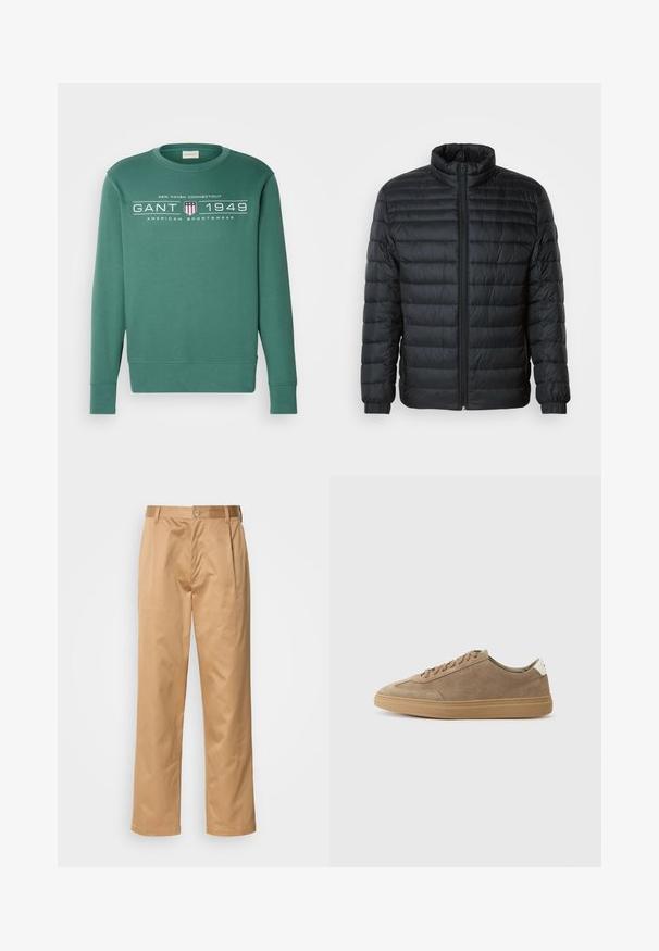 Fekete steppelt pufi kabát álló gallérral, teljes hosszúságú cipzárral és rugalmas mandzsettákkal a hosszú ujjú részeken, egyszínű háttér előtt.; Zöld pamut pulóver hosszú ujjal, kerek nyakkivágással, és nyomtatott grafikával, amelyen szöveg, pajzs és csíkok láthatók az elején.; Khaki nadrág, pamut keverék, egyenes szabású, elülső redők, övtartók és gombos zárás. Simább textúra minták nélkül.; Világosbarna velúr sportcipők, gumitalppal. Fűzős dizájn és minimalista stílus jellemzi, amelyet egy fehér sarokfűző tesz hangsúlyossá.