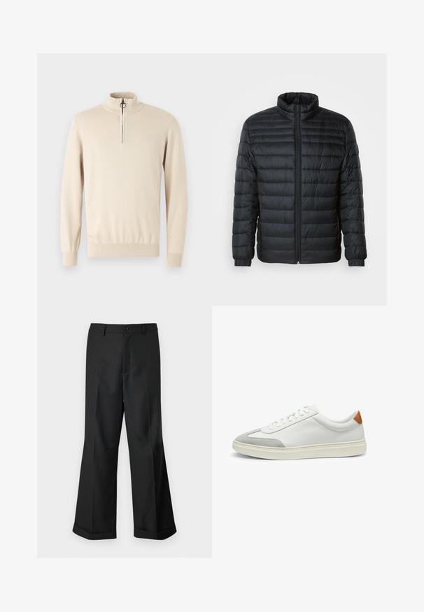 Schwarze gesteppte Pufferjacke mit Stehkragen, durchgehendem Reißverschluss und elastischen Manschetten an langen Ärmeln vor einem schlichten Hintergrund.; Beige gestrickter Pullover mit hohem Kragen und einem halben Reißverschluss. Mit gerippten Bündchen und Saum, sowie einem dezenten Markenlogo auf der Brust.; Schwarze weit geschnittene Hosen mit geknöpftem Bund und umgeschlagenen Säumen, vor einem schlichten weißen Hintergrund präsentiert.; Weiße Leder-Sneaker mit grauen Wildlederakzenten und einer sandfarbenen Lederfersenschlaufe. Sie verfügen über eine strukturierte Oberfläche und eine leichte Sohle.