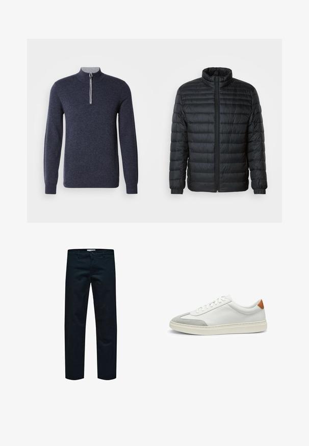 Black quilted puffer jacket with a stand-up collar, full front zipper, and elastic cuffs on long sleeves against a plain background.; Navy half-zip sweater with a gray collar. Made from a textured fabric, featuring long sleeves and a fitted design.; Black cotton trousers with a straight-leg design, featuring a simple button closure and standard pockets. Smooth texture and no visible patterns.; White leather sneakers with gray suede accents and a tan leather heel tab. Features a textured surface and lightweight sole.