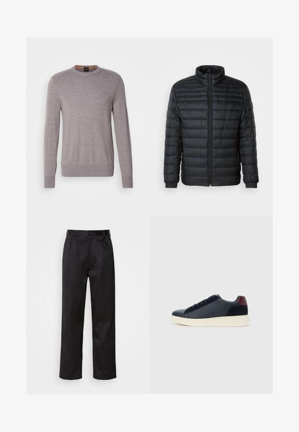 Musternahk puffer jakk mustas, kõrgendatud krae, täispikk tõmblukk ja elastsed mansetid pikkadel varrukatel, lihtsa tausta taustal.; Hallhalli kaelusega hall sviiter, mis on valmistatud pehmest ja siledast kangast. Omab ribadega mansette ja alumist ääret, koos peene logo detailiga rinnal.; Mustadest siledast kangast pükstest, millel on ees nupu sulgemine, voldid ja sirged sääred. Ei mingeid nähtavaid mustreid ega aktsente.; Madala stiilis meeste toss mustast nahast ja seemisnahast, marooni värvi kanna detailiga ja valge kummist tallaga, vaatega välisküljelt.