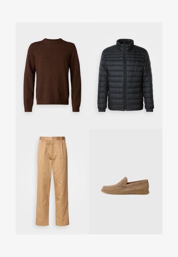 Sort quilted pufferjakke med høj krave, hel frontlynlås og elastiske manchetter på lange ærmer mod en ensfarvet baggrund.; Samsøe Samsøe ISAK SWEATER - Striktrøje - chocolate torte; Khaki bukser, blanding af bomuld, lige ben-design, frontfald, bæltesløjfer og knaplukning. Glat tekstur uden mønstre.; Brune ruskinds slip-on loafers med en glat overflade og broderede detaljer; har en gummisål for godt fodfæste.