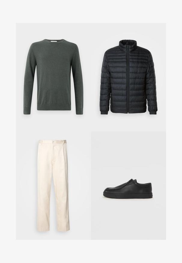 Fekete steppelt pufi kabát álló gallérral, teljes hosszúságú cipzárral és rugalmas mandzsettákkal a hosszú ujjú részeken, egyszínű háttér előtt.; Sötétzöld, hosszú ujjas pulóver puha, texturált anyagból, kerek nyakkal és bordás mandzsettával, illetve hem-nel. Egyszerű, klasszikus dizájn.; Beige pamut nadrág egyenes szárú kivágással, gombos záródással és elülső redőkkel a részletek fokozása érdekében.; Fekete bőr slip-on cipő lekerekített orral, varrott részletekkel és fekete gumitalppal. Simaság és minimalista dizájn jellemzi.