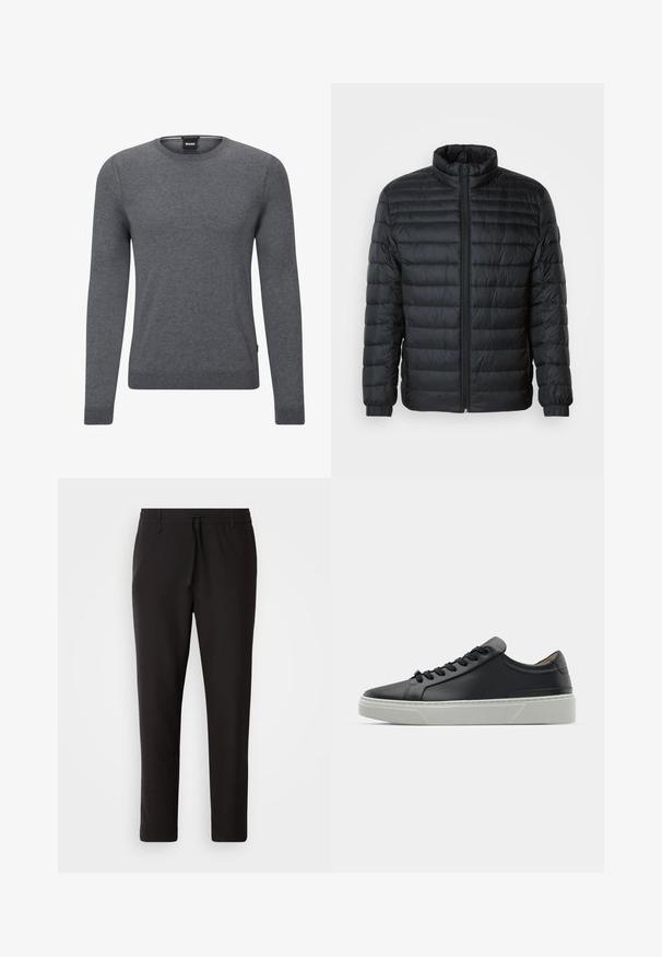 Crna prešana puffer jakna s visokim ovratnikom, punim zatvaračem sprijeda i elastičnim manžetama na dugim rukavima na jednobojnoj pozadini.; Sivi pulover s okruglim izrezom napravljen od mekanog pletenog materijala. Ima duge rukave, rebraste manžete i rubove, te malu oznaku s logotipom sa strane.; Crne jogger hlače od glatkog materijala. Imaju elastičnu waistband s vezicom, sužene nogavice i bez vidljivih džepova. Jednostavan dizajn.; Crne kožne tenisice s glatkom teksturom, okruglim vrhom i crnim čipkastim vezicama. Imaju debeo bijeli gumeni potplat s suptilnim geometrijskim naglascima.