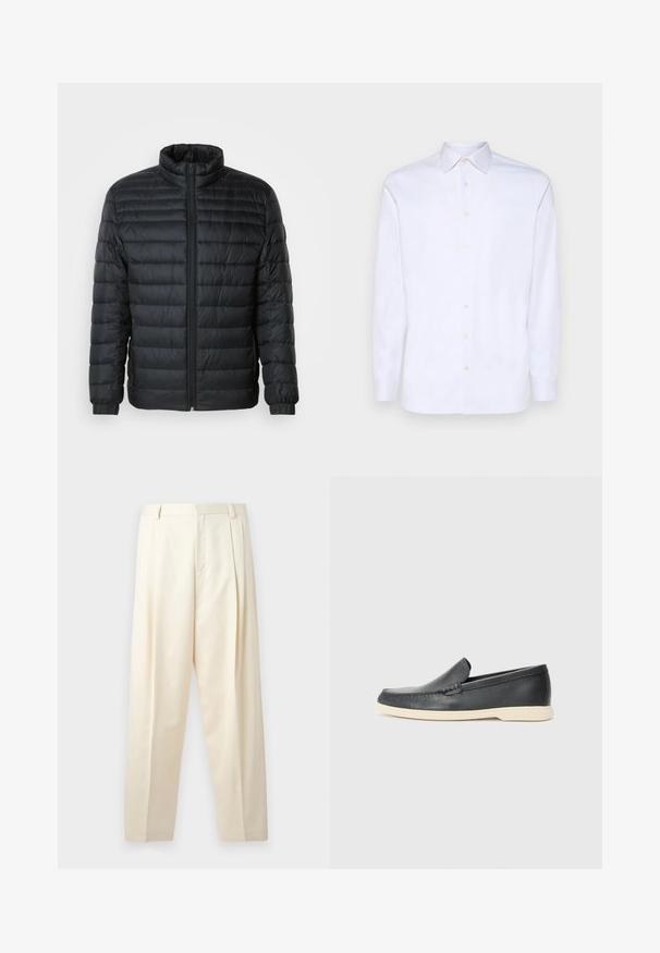 Juodas uždangas pūkinis švarkas su aukštu apykakle, pilnu priekiu užtrauktuku ir elastingais rankogaliais ant ilgųjų rankovių, priešais vientisą foną.; Balta ilga rankovė, mygtukais užsegama marškiniai, pagaminti iš lygaus medvilnės audinio, su smailiu apykakle ir šešiais priekiniais mygtukais, taip pat standartinėmis rankovėmis.; HUGO FEDIX - Kelnės - natural; Juodi odiniai batus be raištelių, turintys tekstūruotą paviršių ir kontrastingą smėlio spalvos gumos padai. Yra subtilus akcentas priekyje.