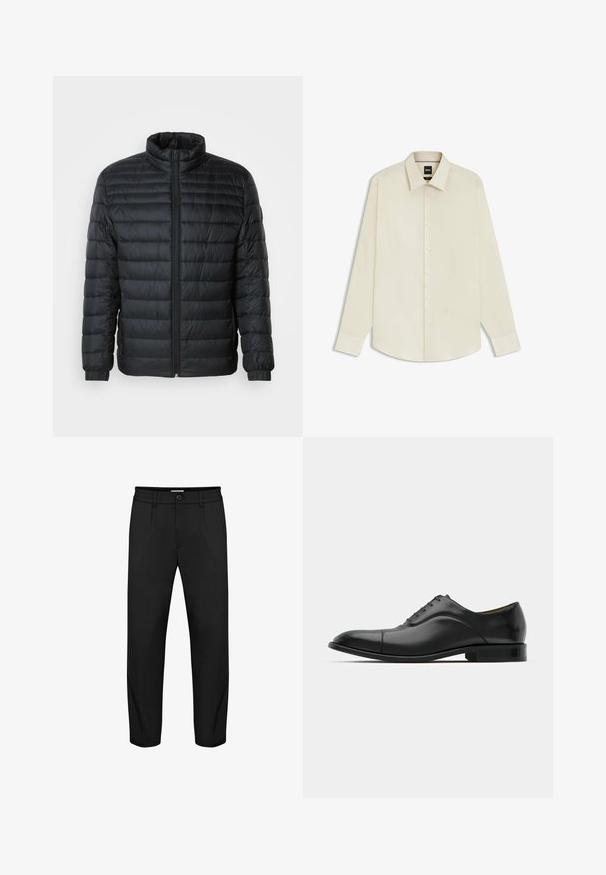 Black quilted puffer jacket with a stand-up collar, full front zipper, and elastic cuffs on long sleeves against a plain background.; BOSS JOE KENT - Formal shirt - open white eleven; Black trousers with a straight leg design, featuring a button closure, side pockets, and a smooth texture. Elastic waistband detail included.; Black leather dress shoe with smooth texture, rounded toe, and five eyelets. Features a low stacked heel and subtle seam detailing.