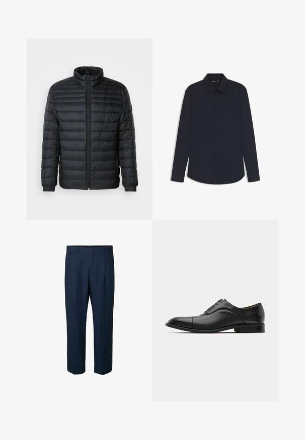 Schwarze gesteppte Pufferjacke mit Stehkragen, durchgehendem Reißverschluss und elastischen Manschetten an langen Ärmeln vor einem schlichten Hintergrund.; Marineblaues Langarm-Hemd mit Knöpfen aus glattem Stoff und strukturiertem Kragen, ausgestattet mit dunklen Knöpfen und einem abgerundeten Saum.; Marineblaue Leinenhose mit geradem Schnitt, ausgestattet mit zwei vorderen Taschen, zwei hinteren Taschen und einem einzelnen Knopfverschluss an der Taille.; Schwarze Leder-Dress-Schuhe mit glatter Textur, runder Zehenform und fünf Ösen. Sie verfügen über einen niedrigen, gestapelten Absatz und dezente Nahtdetails.