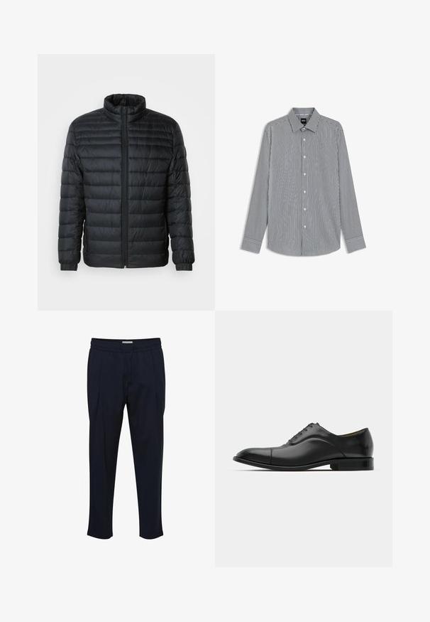 Sort quilted pufferjakke med høj krave, hel frontlynlås og elastiske manchetter på lange ærmer mod en ensfarvet baggrund.; Stribet langærmet skjorte i marineblå og hvid, med krave med knaplukning, frontknapper og manchetter med kontrastkant.; Marineblå skræddersyede bukser med snoretræk i taljen, plisseret front og tætsiddende ankler. Fremstillet af et glat, let materiale.; Sort læder dress sko med glat tekstur, rund tå og fem snørehuller. Har en lav stablet hæl og diskret sømdetaljering.