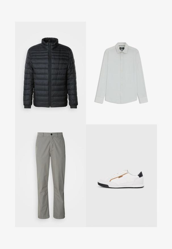 Sort quilted pufferjakke med høj krave, hel frontlynlås og elastiske manchetter på lange ærmer mod en ensfarvet baggrund.; Hvid langærmet skjorte med klassisk krave, knaplukning foran og blød tekstur. Har en subtil glans og en skræddersyet pasform.; Lys grå bukser lavet af letvægtsstof. De har en frontknaplukning, skrå lommer og et lige ben-design.; Hvide atletiske sko med mesh og læderdetaljer. Har et gyldent "BOSS" logo, teksturerede sidepaneler og en sort hælkappe. Gummisål.
