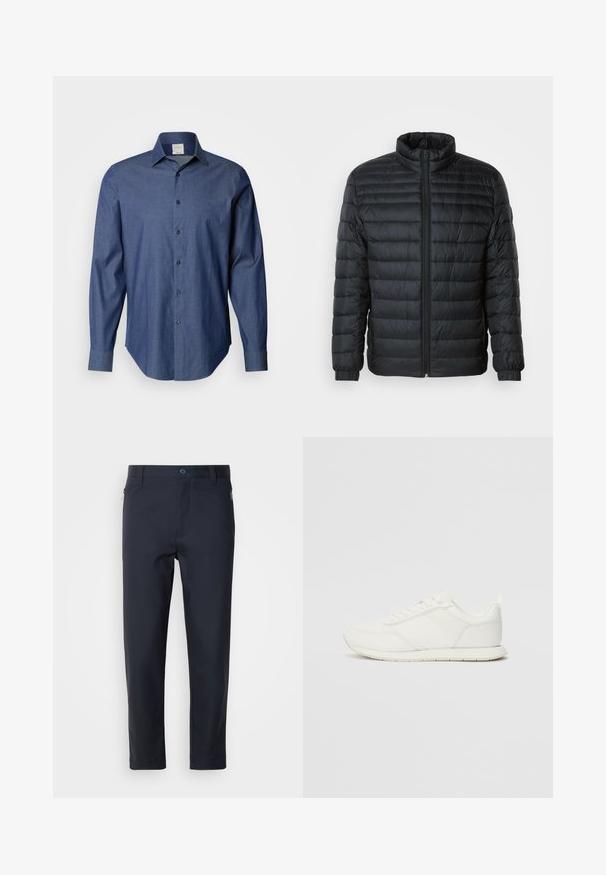 Svart quiltet boblejakke med oppreist krage, hel glidelås foran og elastiske mansjetter på lange ermer mot en ensfarget bakgrunn.; Mørkeblå skjorte med knapper laget av stoff med en subtil tekstur. Har spredt krage og lange ermer med knappelommer.; Marineblå skreddersydde bukser laget av glatt stoff, med en glidelåslomme, rette ben og knappelukking i midjen.; Hvit sneaker med en mesh- og syntetisk overdel, rund tå, flate lisser og en teksturert sidestropp. Gummisåle med en pull-tab bak.