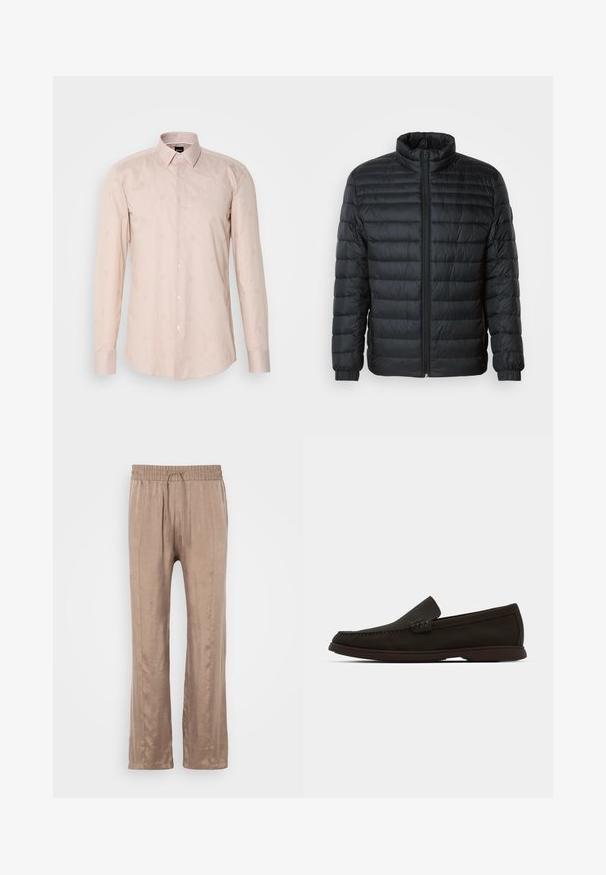 Casaco acolchoado preto com colarinho alto, fecho frontal completo e punhos elásticos nas mangas longas, em fundo liso.; Camisa de manga longa rosa claro com colarinho abotoado, padrão riscas subtil e motivos circulares bordados.; Calças largas, castanho-claro, feitas de um tecido suave, com um cós elástico e cordão de ajuste, apresentando duas linhas de vinco na frente.; Mocassins em camurça castanho-escuro, slip-on, com bico cosido, sola de borracha de perfil baixo e detalhes texturizados na parte superior.