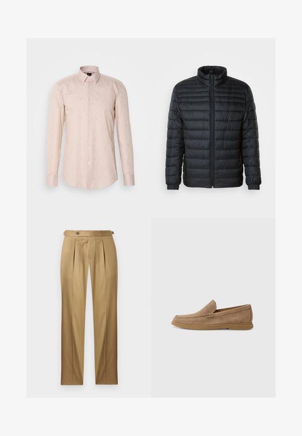 Fekete steppelt pufi kabát álló gallérral, teljes hosszúságú cipzárral és rugalmas mandzsettákkal a hosszú ujjú részeken, egyszínű háttér előtt.; Világos rózsaszín, hosszú ujjas ing, gombos gallérral, diszkrét csíkos mintázattal és hímzett kör alakú motívumokkal.; Betétes egyenes szabású bézs nadrág, redőkkel, gombos záródással és övbújtatókkal. Simább anyag, tiszta, szabott megjelenéssel.; Barna velúr slip-on loaferek sima felülettel és varrott részletezéssel; gumitalppal a tapadás érdekében.