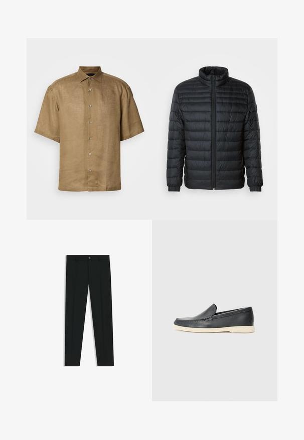 Zwarte gevoerde pufferjack met een staand kraag, een volle rits aan de voorkant en elastische manchetten op de lange mouwen tegen een effen achtergrond.; Korte mouw, knoopshirt van lichtbruin linnen met een gestructureerde afwerking, met een standaard kraag en zes knopen aan de voorkant.; Zwarte dresspants met een recht pasvorm, gemaakt van een gladde stof. Heeft een sluiting met een knoop aan de voorkant en ceintuurlussen. Effen zonder patronen.; Zwarte leren instappers met een gestructureerde afwerking en een contrasterende beige rubberen zool. Beschikt over een subtiele accent langs de voorkant.