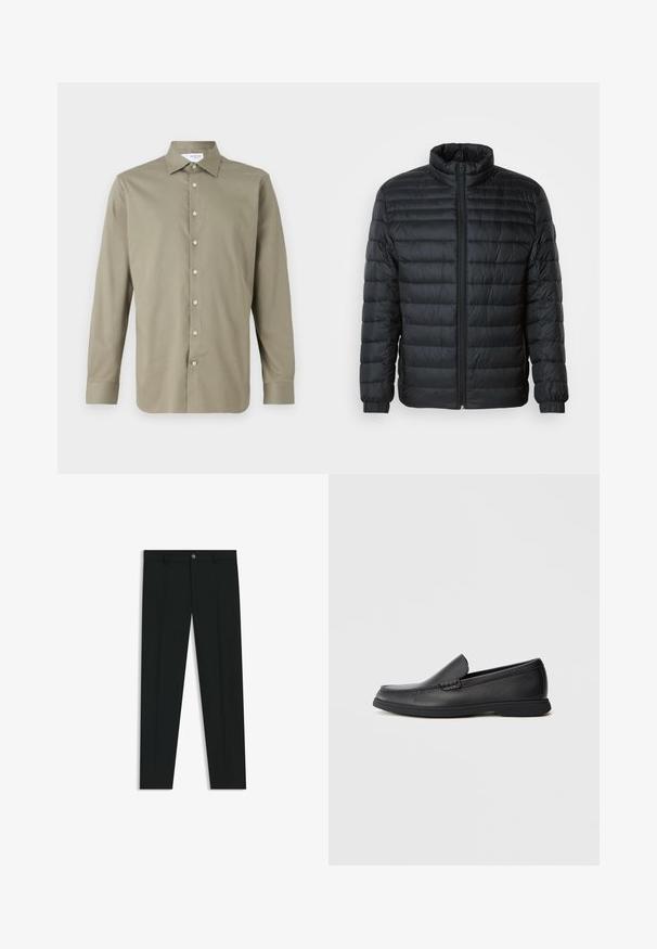 Czarna pikowana kurtka puchowa z kołnierzem typu stójka, pełnym zamkiem błyskawicznym z przodu oraz elastycznymi mankietami na długich rękawach na jednolitym tle.; Koszula z długim rękawem w kolorze oliwkowym. Zapięcie na guziki z jasnymi guzikami. Miękka tekstura i dopasowany krój z klasycznym kołnierzykiem.; Czarne spodnie materiałowe z prostymi nogawkami, wykonane z gładkiego materiału. Posiadają zamek na guzik z przodu oraz szlufki na pasek. Gładkie, bez wzorów.; Czarne skórzane mokasyny wsuwane z teksturowaną cholewką, okrągłym noskiem, niskim obcasem i gumową podeszwą, przedstawione w profilu bocznym na białym tle.