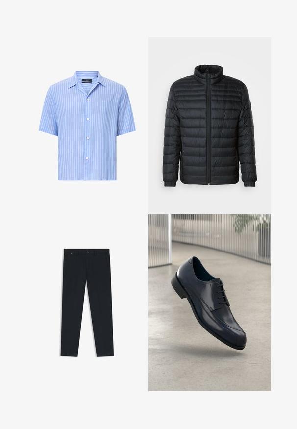 Sort quilted pufferjakke med høj krave, hel frontlynlås og elastiske manchetter på lange ærmer mod en ensfarvet baggrund.; Kortærmet button-up skjorte i lyseblå med hvide lodrette striber. Lavet af letvægtigt stof, med klassisk krave og fem knapper.; Mænds mørkeblå bukser lavet af letvægtsstof. Har knaplukning, bæltestropper og to sidelommer. Lige ben design.; Skinnende sorte læderdressko med snørebånd, svævende over et glat, lys grå gulv og lodrette metalstænger i baggrunden.
