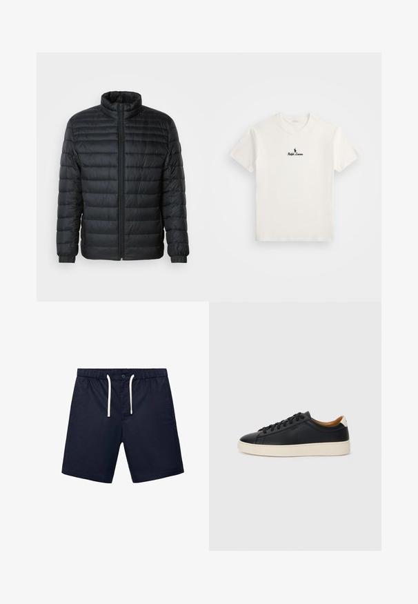 Črna prešita puffer jakna z visokim ovratnikom, polnim zadrgo in elastičnimi manšetami na dolgih rokavih, na enobarvnem ozadju.; Bela bombažna majica s črnimi vezenimi logotipom igralca polo in besedilom "Ralph Lauren" na prsih. Kratke rokave, okrogla ovratnika.; Mornarsko modri šortsi iz lahkega materiala, ki imajo elastičen pas z vrvico in enojno sprednjo zaponko.; Črne usnjene superge z gladko teksturo, bež gumijastim podplatom, zavezovalnim dizajnom in kontrastnim nagibom na peti.