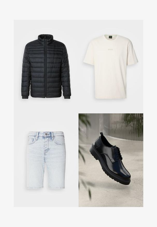 Black quilted puffer jacket with a stand-up collar, full front zipper, and elastic cuffs on long sleeves against a plain background.; BOSS TEE - Basic T-shirt - open white; Light blue denim shorts, high-waisted with a fitted design, featuring five pockets and contrasting stitching. Raw hemline with a faded texture.; Black leather shoe with a glossy finish, round toe, lace-up design, contrast stitching, and a thick rubber sole with tread patterns.