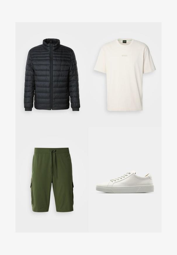 Čierna prešívaná pufovaná bunda s vysokým golierom, plným zipsom na prednej strane a elastickými manžetami na dlhých rukávoch na jednoduchom pozadí.; BOSS TEE - Základné tričko - open white; Olivovo zelené cargo kraťasy s elastickým pásom, nastaviteľnou šnúrkou a bočnými vreckami na úložný priestor. Hladká tkanina, dĺžka po kolená.; Biele kožené tenisky s okrúhlou špičkou, minimalistickým dizajnom, šedými šnúrkami a štruktúrovanou šedou gumovou podrážkou. Viditeľné jemné švy.