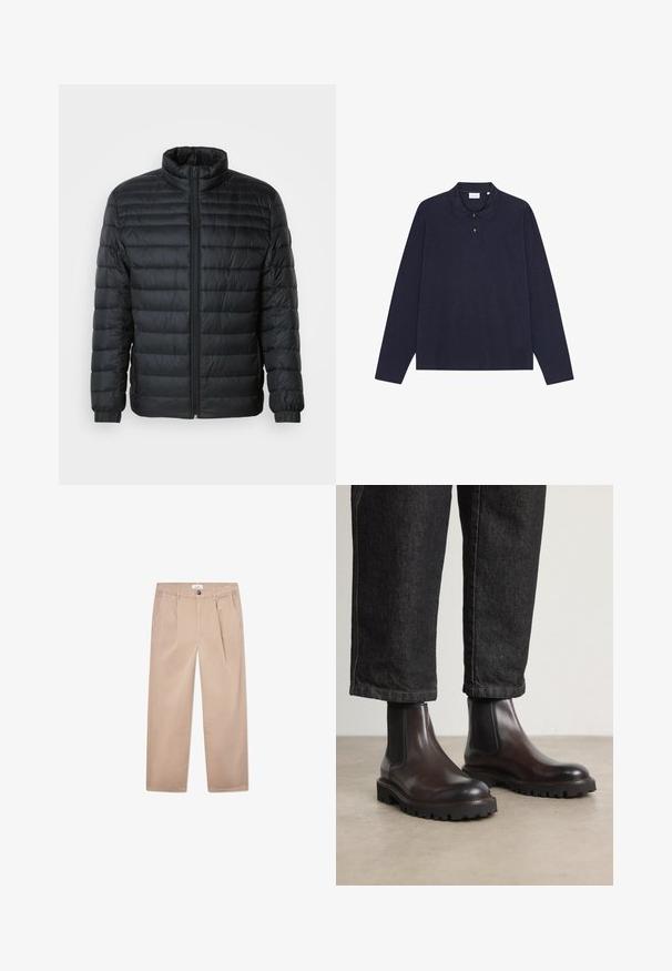 Fekete steppelt pufi kabát álló gallérral, teljes hosszúságú cipzárral és rugalmas mandzsettákkal a hosszú ujjú részeken, egyszínű háttér előtt.; Tengerészkék, hosszú ujjú pamut polo ing, gallérral, három gombos záródással és egyszerű textúrával. Nincsenek látható minták vagy kiegészítők.; Khat́i vászon nadrág egyenes fazonban, két elülső zsebbel, gombos záródással és klasszikus szabással.; BOSS JULYO - Klasszikus bokacsizmák - dark brown