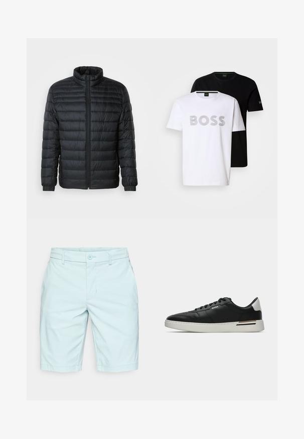 Black quilted puffer jacket with a stand-up collar, full front zipper, and elastic cuffs on long sleeves against a plain background.; Two crew neck t-shirts stacked; one white with gray striped "BOSS" print, the other black with a small "BOSS" logo on the sleeve.; Light blue shorts made of soft fabric, featuring a button closure, belt loops, and a straight cut. No pockets visible in the front.; Black leather sneaker with white sole, features perforations, lace-up design, logo on the side, and contrasting heel detail in white and brown.