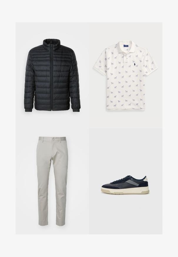 Doudoune noire matelassée avec col montant, fermeture éclair sur toute la longueur à l'avant et poignets élastiques sur les manches longues, sur fond uni.; Polo blanc en coton, avec un motif répété de chiens bleus et un petit logo bleu sur la poitrine. Manches courtes et col.; Pantalon en coton gris clair avec une coupe droite, devant plat et sans poches visibles ni ornements. Texture lisse, finition unie.; BOSS BALTIMORE - Baskets basses - open blue