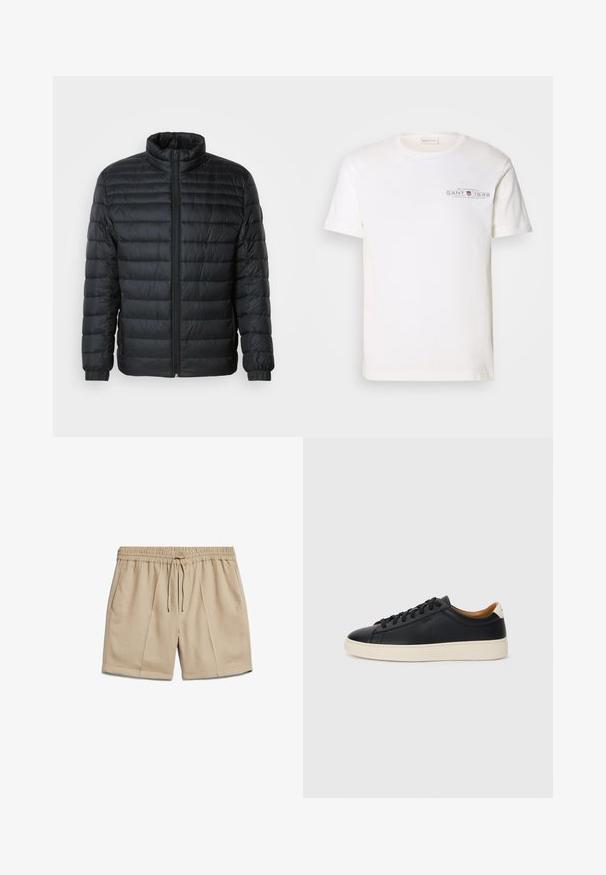 Doudoune noire matelassée avec col montant, fermeture éclair sur toute la longueur à l'avant et poignets élastiques sur les manches longues, sur fond uni.; T-shirt en coton blanc avec un col rond, des manches courtes et un logo imprimé. Présente un design minimaliste et une coupe décontractée.; ARMEDANGELS JAACQUE - Short - sand stone; Baskets en cuir noir avec une texture lisse, semelle en caoutchouc beige, design à lacets et accent de talon contrasté.