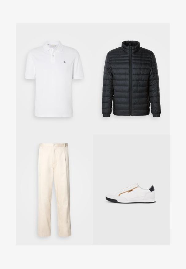 Musternahk puffer jakk mustas, kõrgendatud krae, täispikk tõmblukk ja elastsed mansetid pikkadel varrukatel, lihtsa tausta taustal.; Valge polo särk, mis on valmistatud puuvillast, klassikalise krae ja lühikeste varrukatega ning vasakul rinnal on väike tikanditud logo.; Beesidised puuvillased püksid sirge jala lõikega, mis on varustatud nööpkinnituse ja ees olevate voltidega, et lisada detaili.; Valged sportlikud jalatsid, millel on võrkkangas ja nahkdetailid. Omab kuldset "BOSS" logo, tekstureeritud külgpaneele ja musta kontsakaant. Kummist tallad.