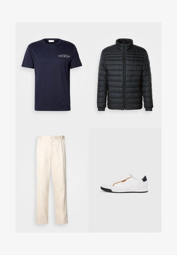 Fekete steppelt pufi kabát álló gallérral, teljes hosszúságú cipzárral és rugalmas mandzsettákkal a hosszú ujjú részeken, egyszínű háttér előtt.; Tengerészkék pamut póló, kerek nyakkivágással, rövid ujjakkal és elől fehér "GANT 1949" felirattal. Simas, klasszikus szabás.; Beige pamut nadrág egyenes szárú kivágással, gombos záródással és elülső redőkkel a részletek fokozása érdekében.; Fehér sportcipők, hálós és bőr díszítésekkel. Kiemelkedő arany "BOSS" logó, textúrázott oldalpanelekkel és fekete sarokkal. Gumi talp.