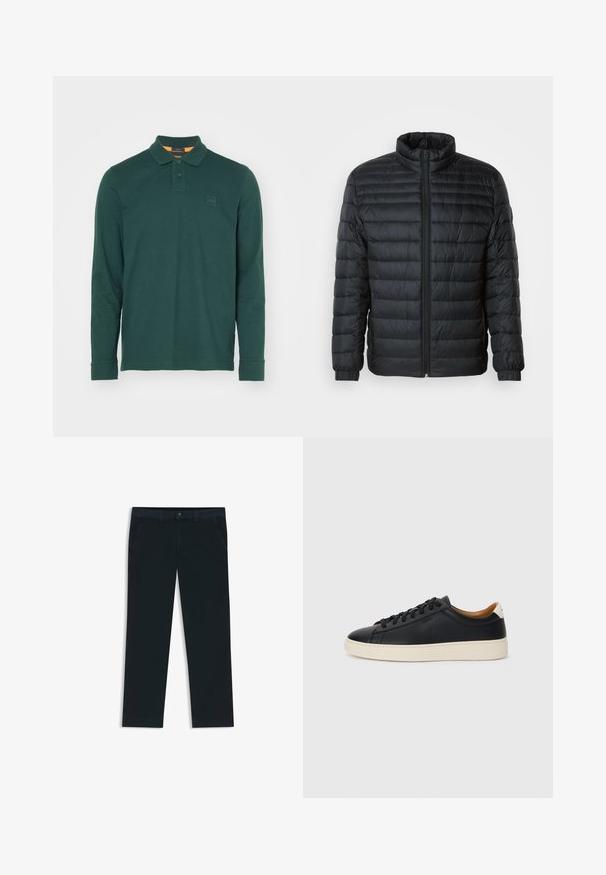Zwarte gevoerde pufferjack met een staand kraag, een volle rits aan de voorkant en elastische manchetten op de lange mouwen tegen een effen achtergrond.; Langsleeve polo in donkergroene katoen, met een klassieke kraag, een placket met twee knopen en een rechthoekige logopatch op de borst.; Donkerblauwe chino's gemaakt van een katoenmix stof. Voorzien van riemlussen, front pockets en een rits met knoopsluiting.; Zwarte leren sneakers met een gladde textuur, beige rubberen zool, vetersluiting en een contrasterende hielaccent.