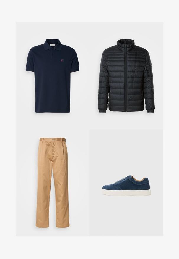Fekete steppelt pufi kabát álló gallérral, teljes hosszúságú cipzárral és rugalmas mandzsettákkal a hosszú ujjú részeken, egyszínű háttér előtt.; Sötétkék polo póló, pamutból készült, klasszikus gallérral, rövid ujjú, a bal mellrészen egy kis rózsaszín logóval. Sima tapintású.; Khaki nadrág, pamut keverék, egyenes szabású, elülső redők, övtartók és gombos zárás. Simább textúra minták nélkül.; Kék velúr sportcipő fehér gumitalppal, fűzős kivitel, kerek orral, és kontrasztos barna belső résszel. Finom varrási részletek.