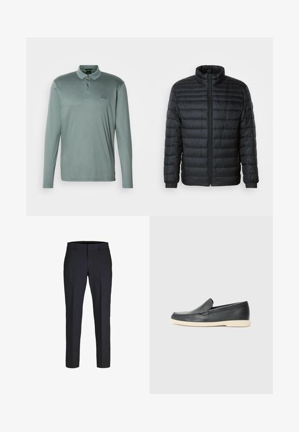 Černá prošívaná péřovka s vyvýšeným límcem, plným předním zipem a elastickými manžetami na dlouhých rukávech na jednoduchém pozadí.; Polo tričko s dlouhým rukávem v tlumené zelené látce. Obsahuje límec, tři knoflíky a vyšívané logo na hrudi.; Tmavě námořnické kalhoty na míru s hladkou texturou, štíhlým střihem, plochým předním dílem a poutky na pásek. Jednoduché, bez viditelných vzorů nebo akcentů.; Černé kožené mokasíny na klínku s texturovaným povrchem a kontrastní béžovou gumovou podrážkou. Vyznačují se jemným akcentem podél přední části.